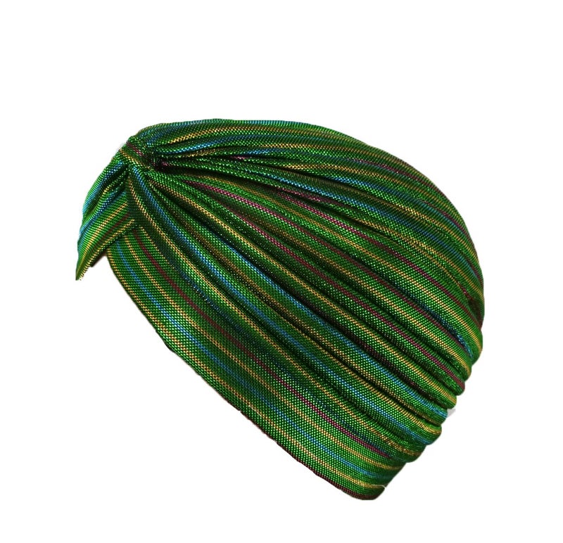 Fashion 21] Women's Pleated Glittered Turban Hat Head Wear (Green Multi) - Image 1